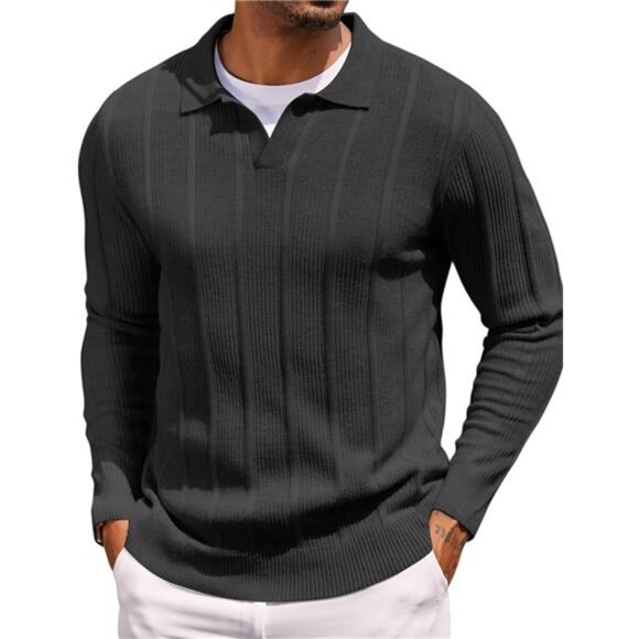 Men's Knit Long Sleeve Polo Sweaters Casual Polo Collared Sweater - Picture 1 of 6